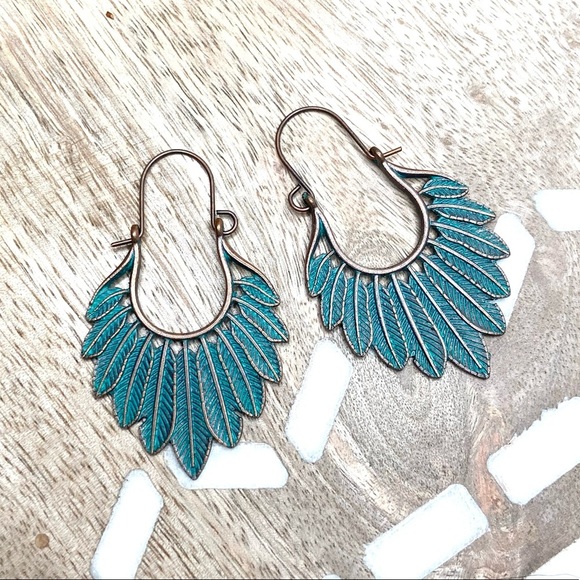 Boho turquoise copper feather Statement Earrings - Picture 1 of 5